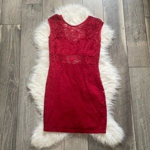 Red lace dress with see through sections
